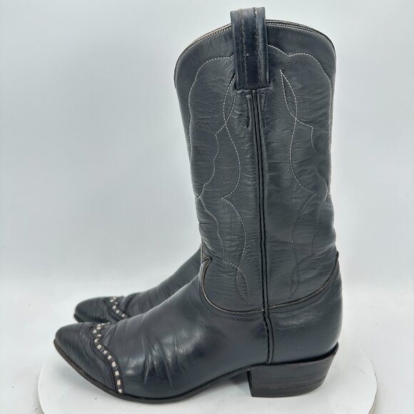 Tony Lama Women Size 6 Black Leather Toe Accents Pull On Western Cowboy Boot - Picture 1 of 16